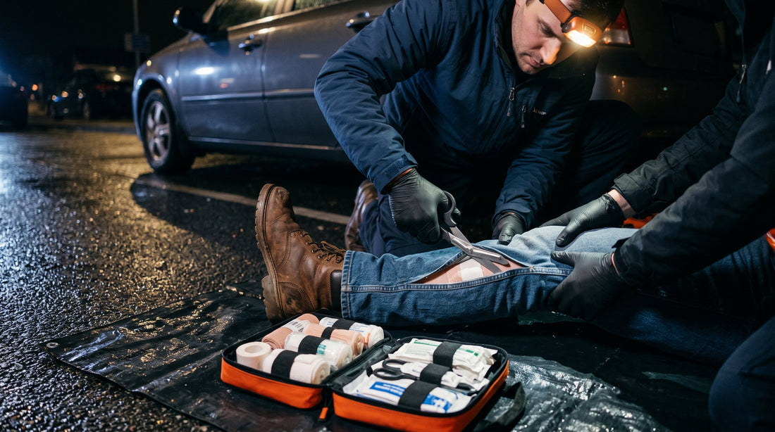 Emergency shears cutting along the leg of denim trousers beside a vehicle at night