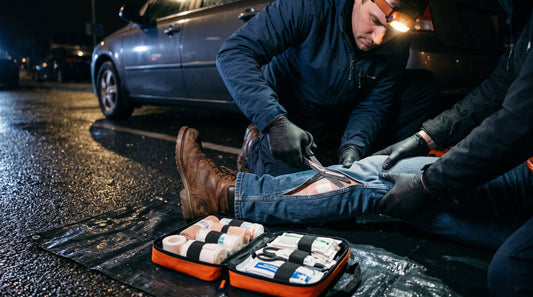 Emergency shears cutting along the leg of denim trousers beside a vehicle at night