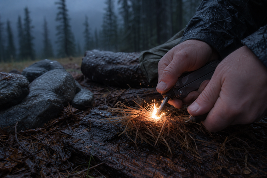 Hands scraping a fire starter rod into tinder in wet, cold conditions, with the first flame just catching