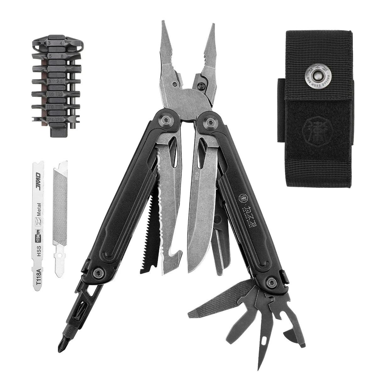MT-78 Navigator 18-in-1 full-size multitool with tungsten-carbide pliers, VG10 blade, bits and nylon sheath