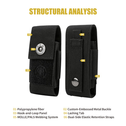OP-01 MOLLE multitool sheath structural analysis – PP webbing, metal buckle, hook-and-loop panel, lashing tab and elastic retention straps